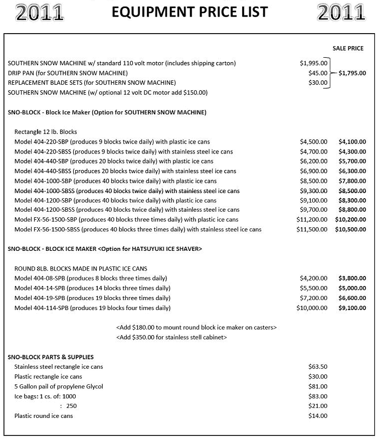 Flavor Snow Equipment Price List