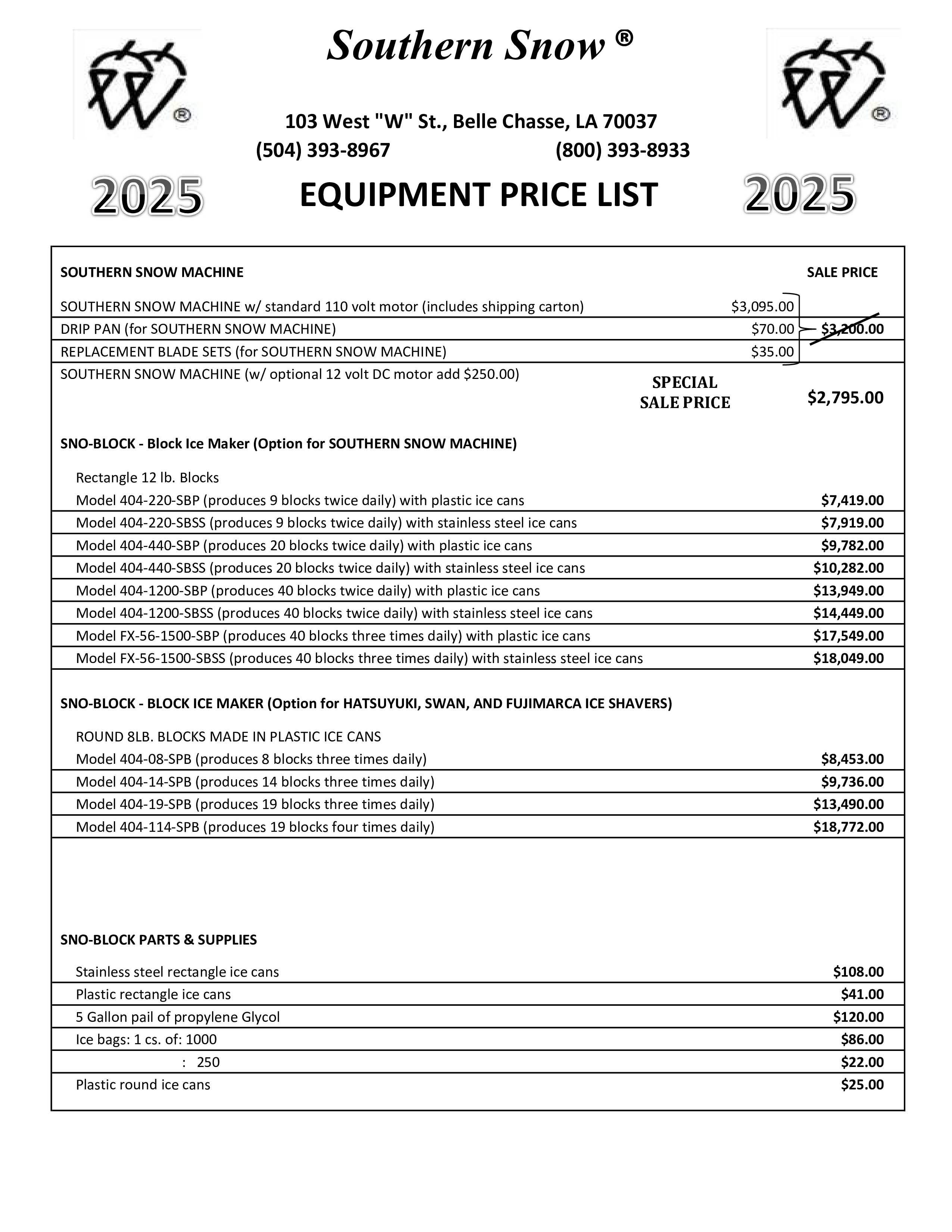 Flavor Snow Equipment Price List