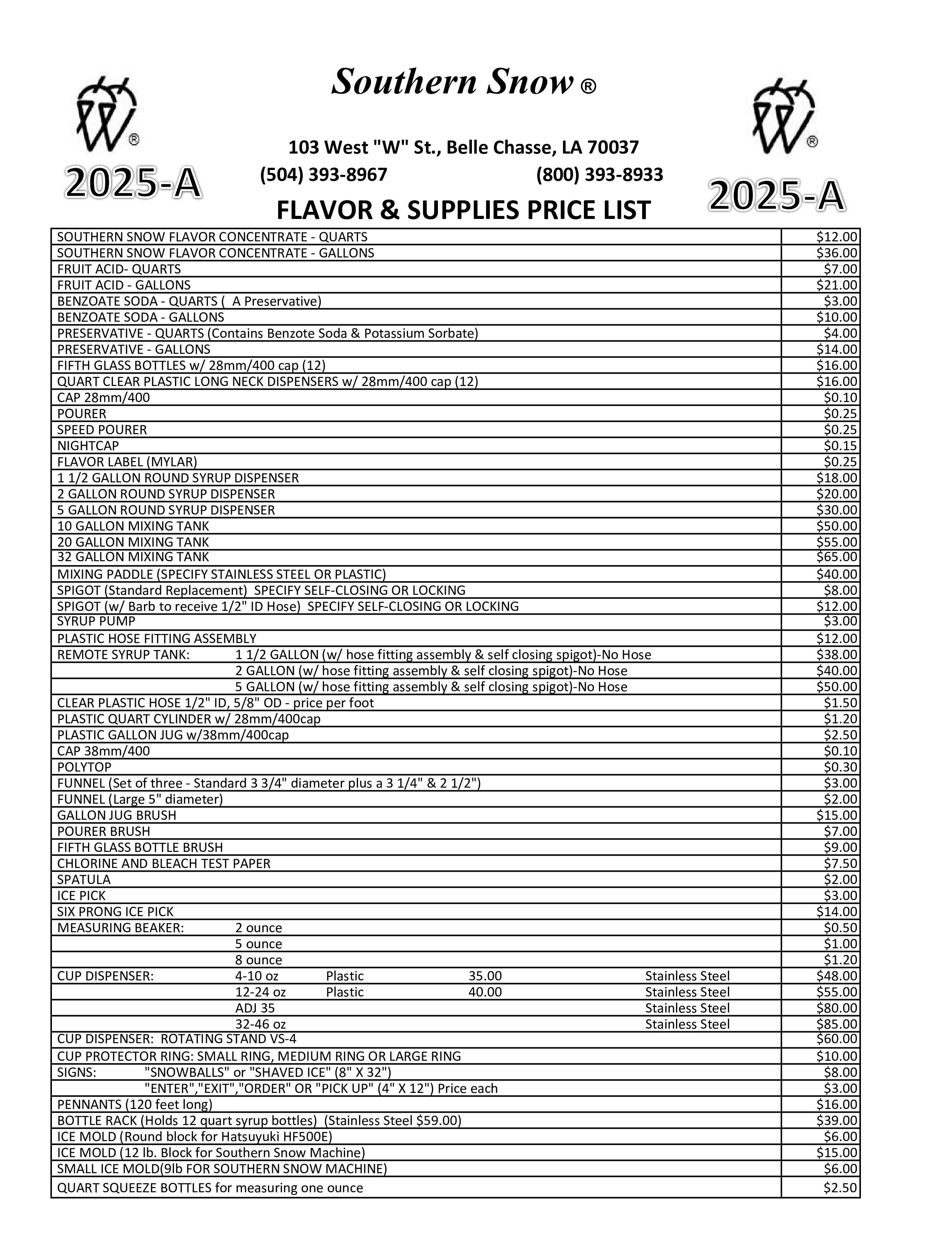 Flavor Snow Flavor Price List