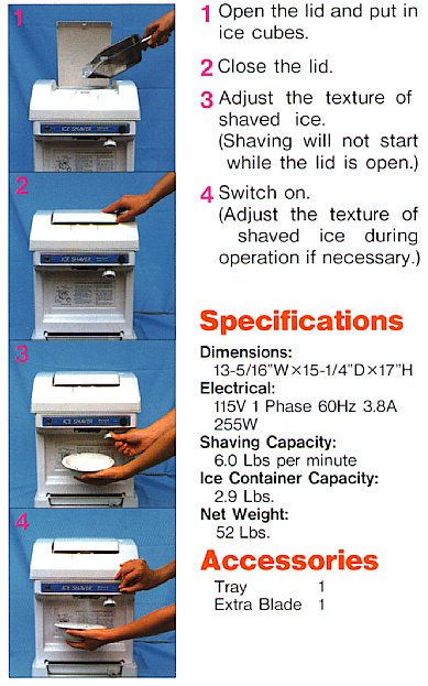 Cube ice shaver specifications